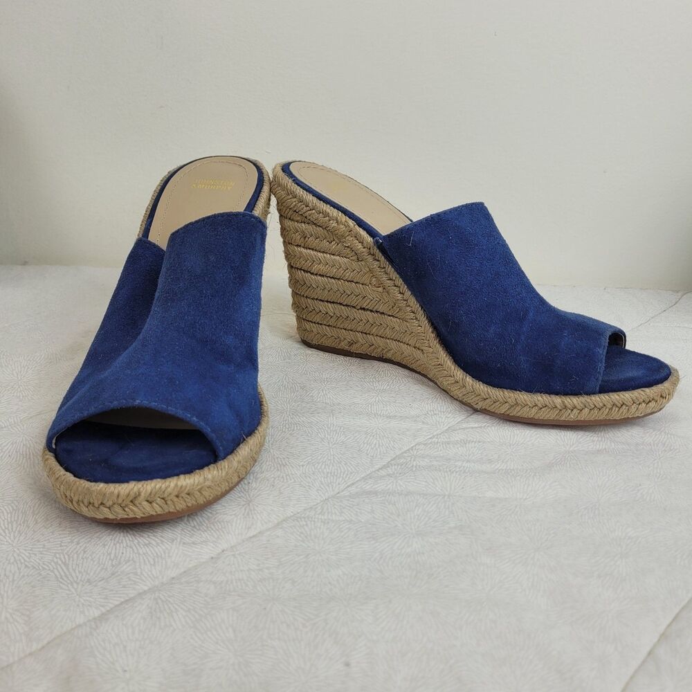 JOHNSTON & MURPHY BLUE SUEDE ESPARTO ROPE HIGH HEEL OPEN TOE WEDGE MULE 10M